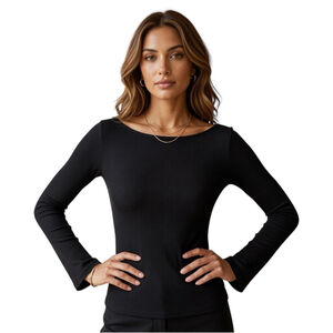 PrettyGarden NWT Black Ribbed Boat Neck Ruched Top Medium